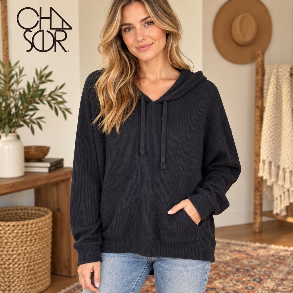 Chaser Womens Ribbed Knit Hoodie Black Long Sleeve Pullover Size Medium